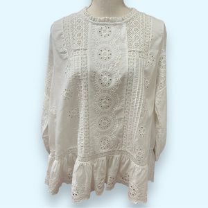 ZARA White Lace Eyelet Cotton Blouse Cottagecore Spring Summer Top Size Large